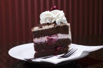 Closeup view of Black Forest gateau with fork and tissue on white plate — Stock Photo