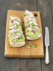 Baguette with guacamole and smoked mackerel — Stock Photo