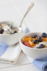 Joghurt mit Blaubeeren, Müsli und Pfirsichen — Stockfoto
