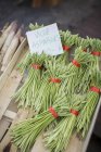 Wild asparagus in wooden crate — Stock Photo