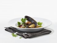 Closeup view of mussel soup with coriander and salt — Stock Photo
