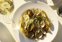 Clams with tagliatelle pasta — Stock Photo