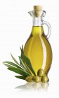 Jarra de aceite de oliva y aceitunas verdes - foto de stock