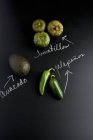An avocado, jalapeos and tomatillos on a slate surface with labels — Stock Photo