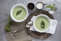 Top view of basil and soured milk soup — Stock Photo