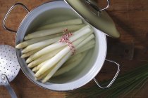 Boiled white asparagus in pot — Stock Photo