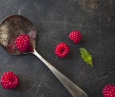 Fresh raspberries with silver spoon — Stock Photo