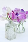 Vue rapprochée de pois doux violets et blancs dans des vases en verre — Photo de stock