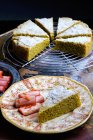 Pistachio cake with rhubarb — Stock Photo
