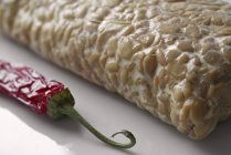 Tempeh - fermentierte Sojabohnen und getrocknete Chilischoten auf weißer Oberfläche — Stockfoto