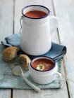 Crema de sopa de verduras en una jarra de esmalte y una taza de esmalte sobre la toalla - foto de stock