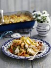 Closeup view of seafood pie with mashed potato topping — Stock Photo