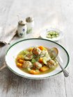 Овощной суп с курицей и травяными пельмени на белой тарелке с ложкой — стоковое фото