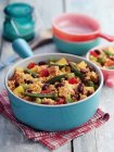 Jambalaya with vegetables in blue pot — Stock Photo