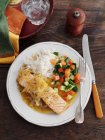 Salmon with vegetables and rice — Stock Photo