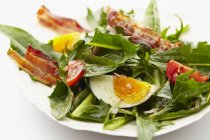 Dandelion salad with tomatoes and fried bacon — Stock Photo