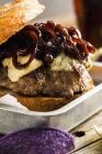 Grilled lamb burger with blue cheese — Stock Photo