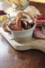 Elevated view of a platter with sausages and Scotch eggs — Stock Photo