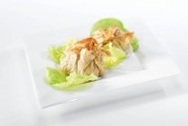 Pacchi di pasta fillo ripieni su foglie di lattuga su piatto bianco — Foto stock