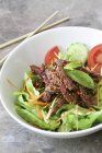 Grilled beef salad with vegetables and leaves — Stock Photo