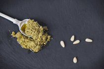Closeup top view of Pesto on spoon and pine nuts — Stock Photo