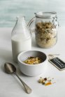 Bowl of muesli with milk — Stock Photo