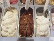 Vari tipi di gelato in contenitori metallici — Foto stock