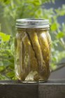 Pickled green asparagus in a screw-top jar — Stock Photo