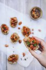 Una bruschetta con pomodoro, basilico e aglio — Foto stock