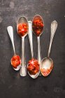 Vista dall'alto di salsa piccante Sambal su cucchiai — Foto stock