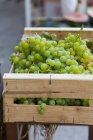 Green grapes in wooden crate — Stock Photo
