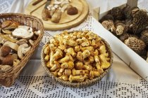 Closeup view of Porcini, chanterelle and morel mushrooms on a table with a white tablecloth — Stock Photo