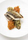 Seabass on rice and pepper relish — Stock Photo
