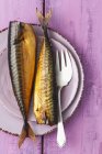 Smoked mackerel on plate with fork — Stock Photo