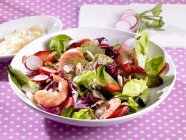 Salat mit Garnelen, Erdbeeren und Radieschen — Stockfoto
