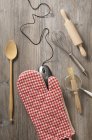 Kitchen utensils on wooden — Stock Photo