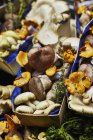 Cogumelos variados em cestas de madeira com papel azul — Fotografia de Stock