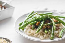 Rindfleisch mit Reis und grünen Bohnen — Stockfoto