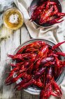 Vista superior de lagostas cozidas e lagostins com cerveja — Fotografia de Stock