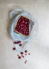 Sour cherries in wooden basket — Stock Photo
