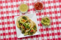 Tacos vegan com couve, guacamole, salsa e salsa verde em uma toalha de mesa checada vermelho-e-branco — Fotografia de Stock