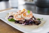 Скампи на салате радиккио с соусом горгонзола — стоковое фото