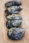 Mussels in row on wooden — Stock Photo
