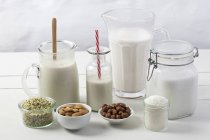 Vegan milk with ingredients — Stock Photo