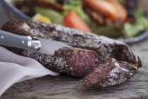 Salami de sanglier partiellement tranché — Photo de stock