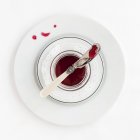 Vista superior del jarabe de hibisco con un cuchillo en platos blancos - foto de stock