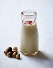 Nocciole e bottiglia di latte — Foto stock