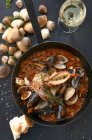 Top view of Bouillabaisse French soup in pan — Stock Photo