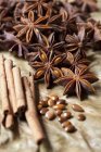 Closeup view of an arrangement of spices with star anise and cinnamon — Stock Photo
