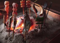 Vue rapprochée du barbecue Robatayaki grillé dans un foyer coulé — Photo de stock